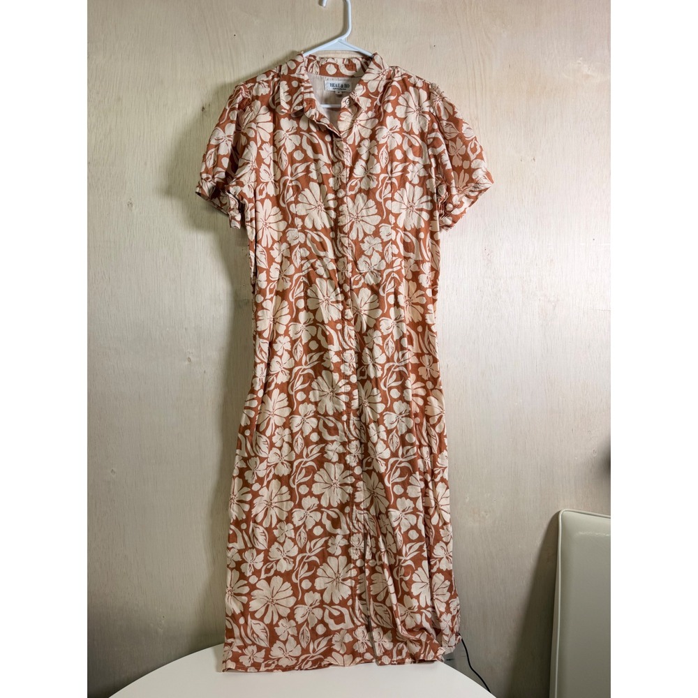 Beau & Ro Floral Midi Dress Women Size S Terracotta Cotton Excellent Boho Puff